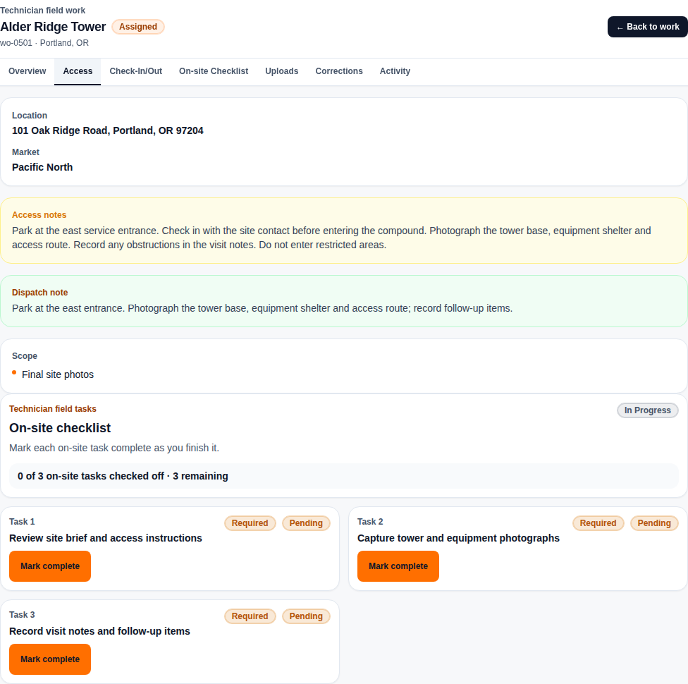 Pilot work-order header, access instructions and capture checklist shown together from two tabs