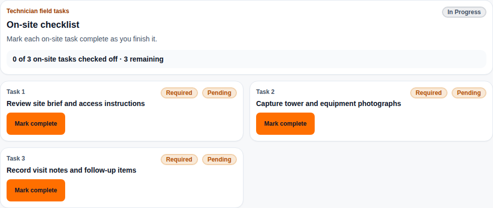 Assigned field work order with three required tasks still pending
