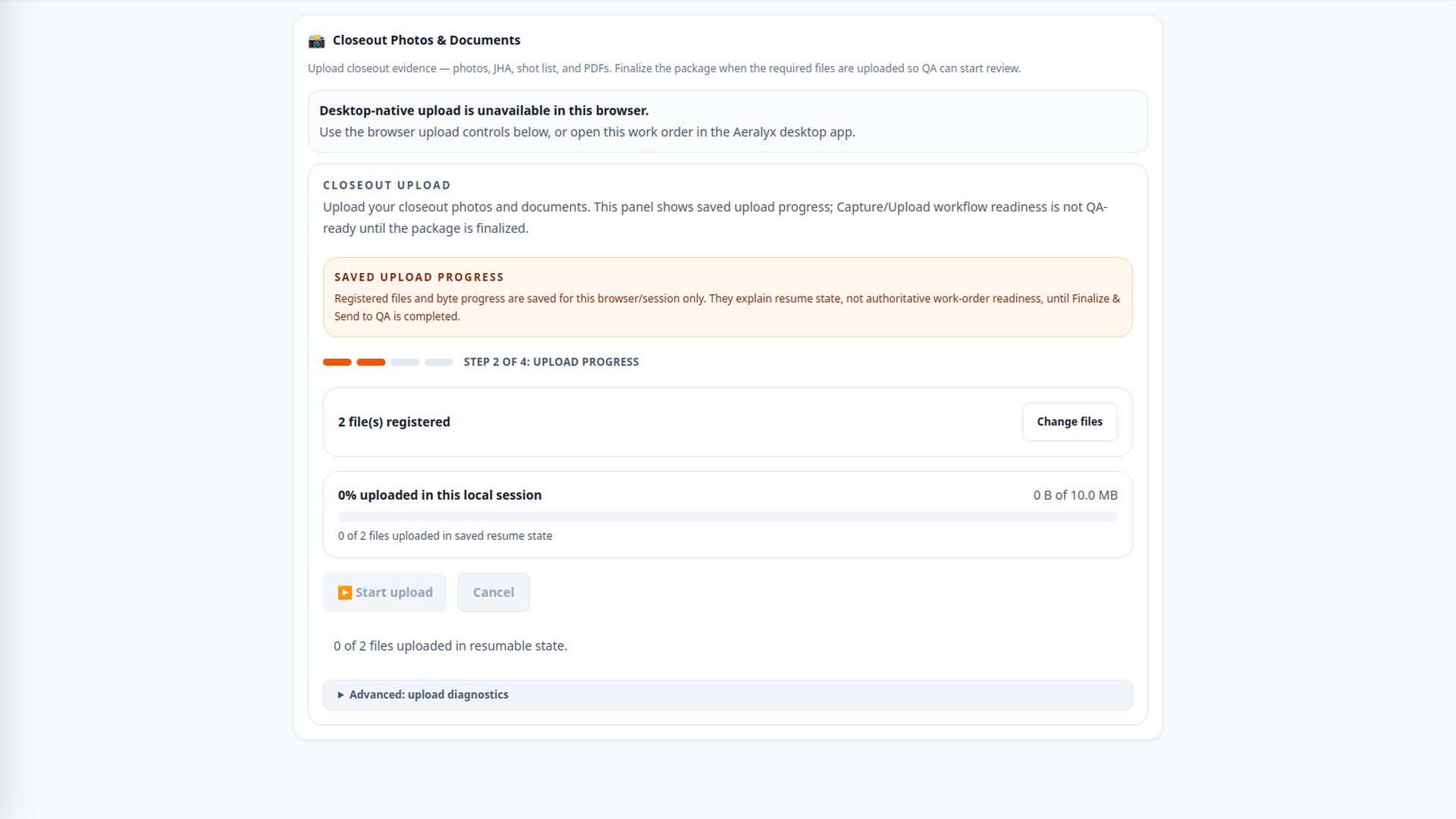 Aeralyx upload workspace showing registered files, byte progress, resumable state, and finalization
